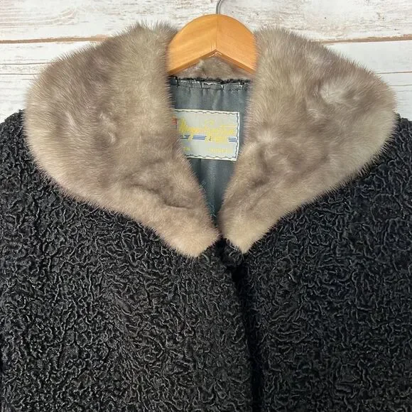 Meyer Epstein Furs London Ontario Unique Black Lambswool Coat With Mink Fur Trim - Picture 7 of 14